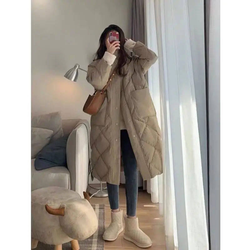 

2023 Winter Women Cotton Padded Coats Diamond Lattice Female Long Parkas Pocket Solid Loose Button Loose Lady Clothes M37
