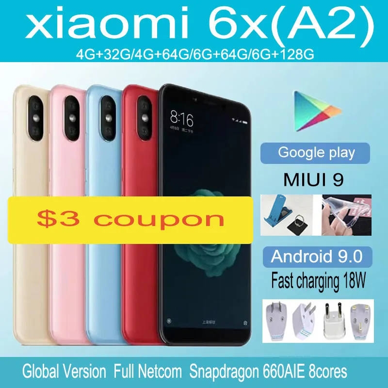 

Global version smartphone celular xiaomi mi A2/6x 4G 64G Snapdragon 660 1080 x 2160 pixels Fast charging 18W