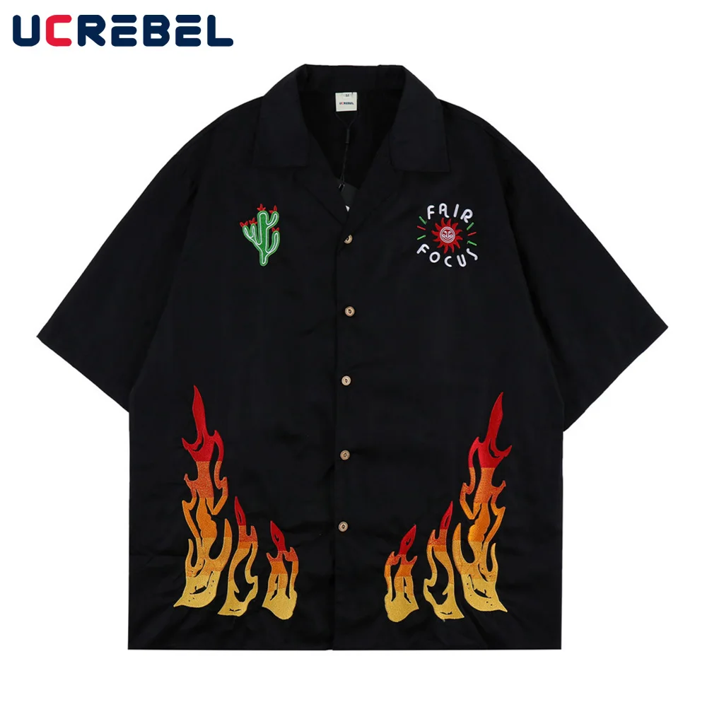 

Flame Embroidery Short Sleeve Shirt Mens High Street Casual Lapel Shirt Streetwear Summer Loose Half-Sleeve Shirt Men