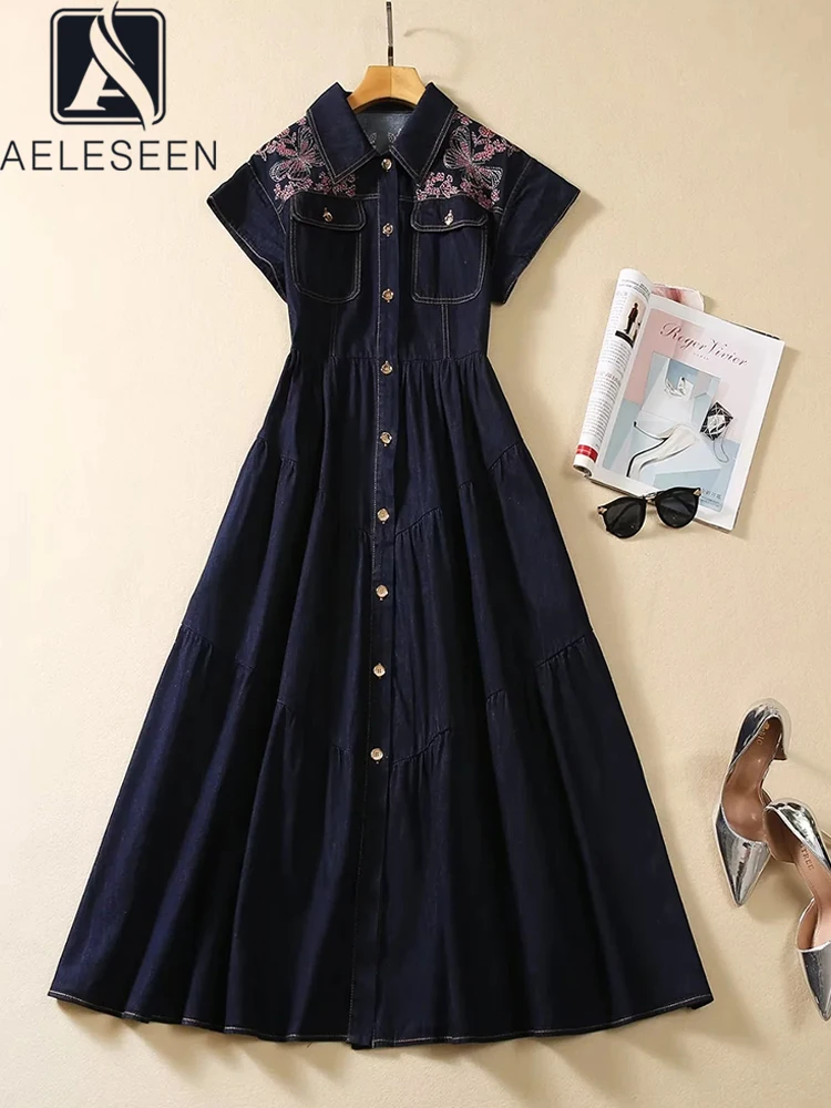 

Женское джинсовое платье AELESEEN, синее однобортное Элегантное Длинное Платье с отложным воротником и вышивкой в виде бабочек