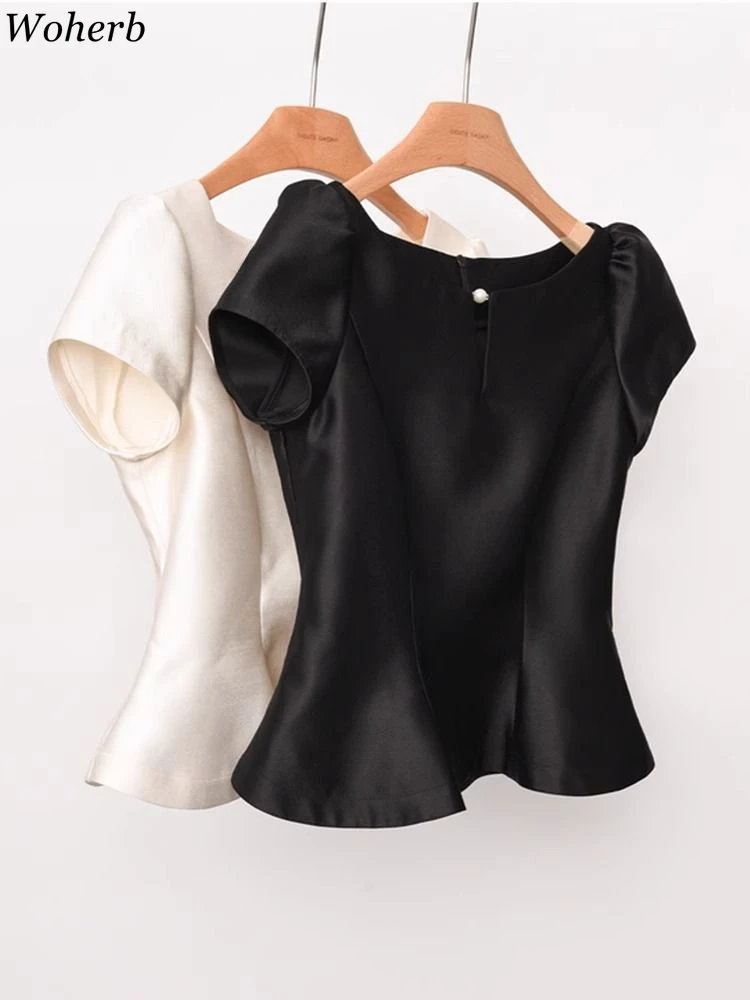 Женская Однотонная рубашка с круглым вырезом летняя блузка пышными рукавами