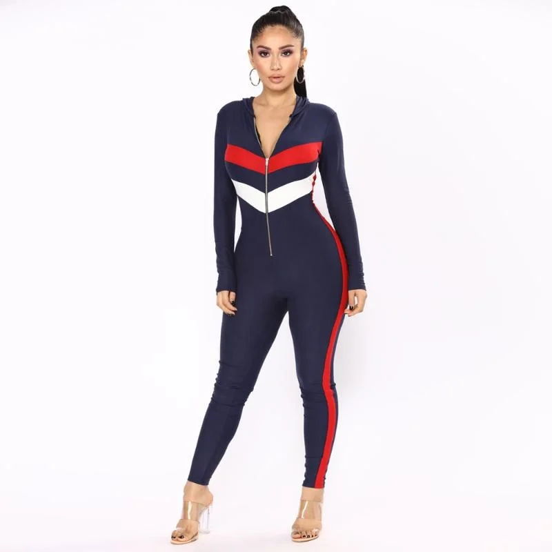 Women's Jumpsuits & Rompers Fashion Casual Women Sexy Jumpsuit 2022 Spring Long Sleeve Striped Hooded Zipper Skinny Full Length