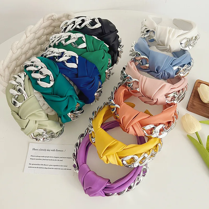

New Fashion Candy Color Headbands Women Solid Fabric Wide Chain Knotted Hairbands Hair Accessories Wholesale