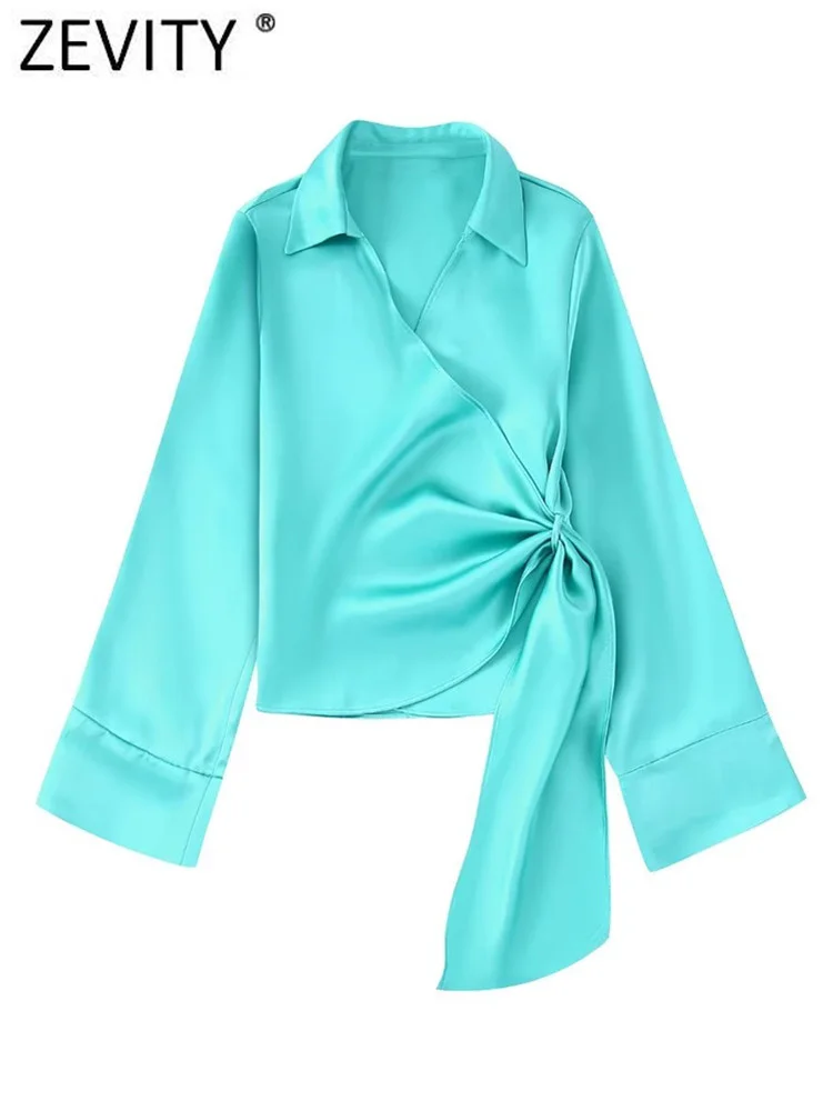 

Zevity Women Fashion Solid Color Soft Satin Bow Tied Kimono Smock Blouse Female Long Sleeve Casual Shirt Chic BlusasTops LS2001