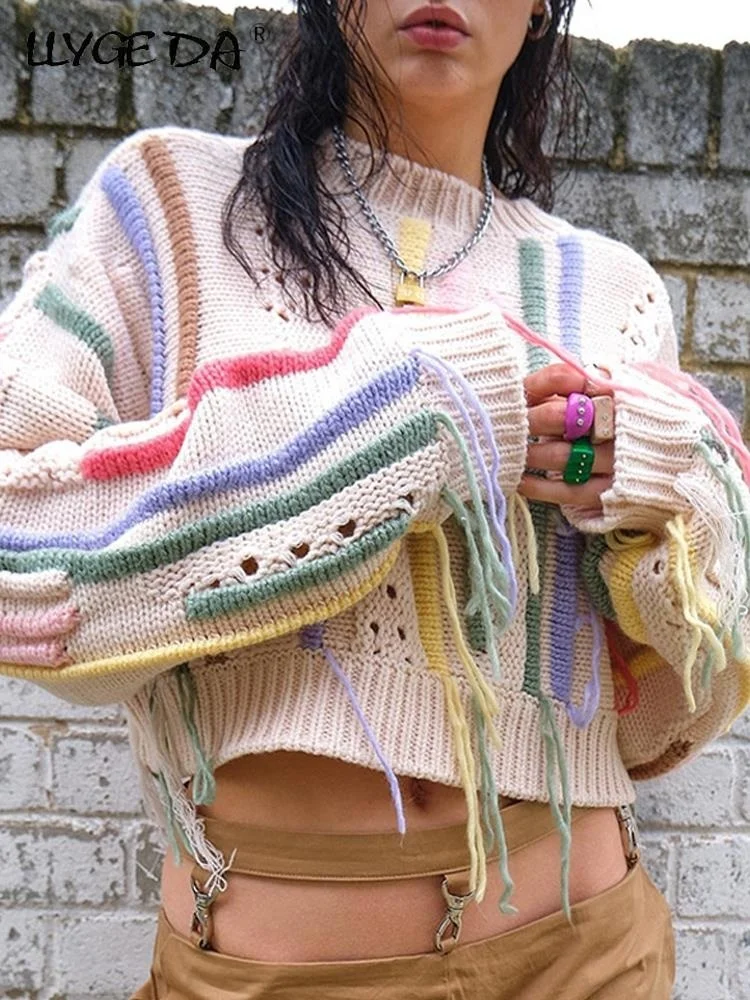 

Chic Fringed Women Casual Sweater Tassel Spring Autumn Female Cropped Sweaters 2023 Hollow Out Long Sleeve Ladies Pullover Top