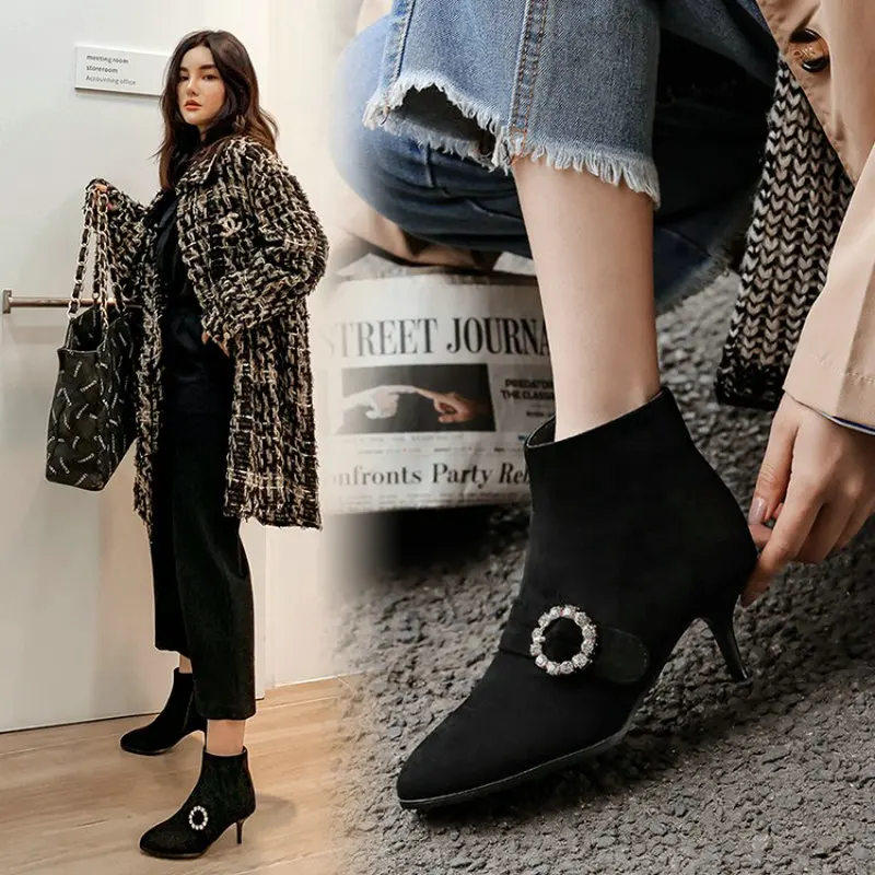 Женские ботильоны из нубука на молнии с острым носком высоком тонком каблуке