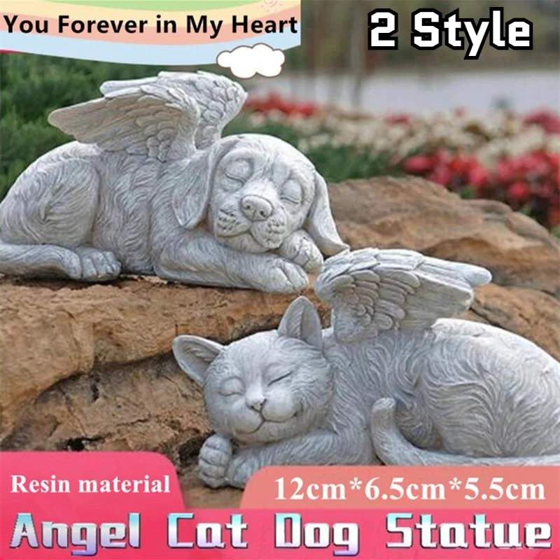 

Angel Pet Statue Dog Cat with Wing Grave Marker Figurine Resin Craft Ornament Backyard Home Garden Sculpture Lawn Decoration