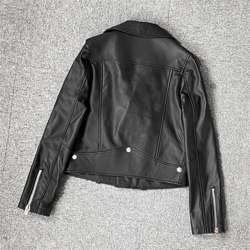 2022 Women New Trend  Asymmetrical Zipper Slim Genuine Sheepskin Leather Locomotive Jacket E11