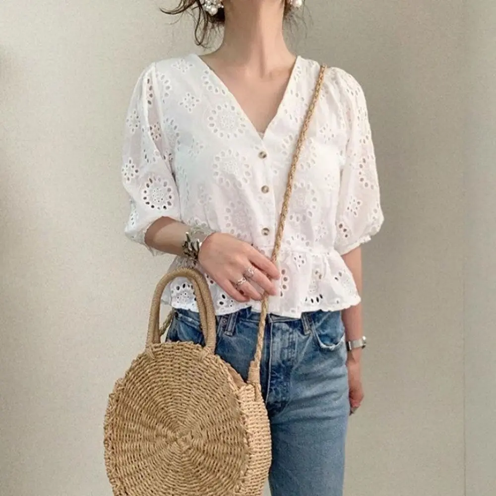 

Blouse White V-neck Lace Crocheted Hollow Five-point Sleeve Button-up Shirt Top 2022 Summer Korean Style Female Clothing