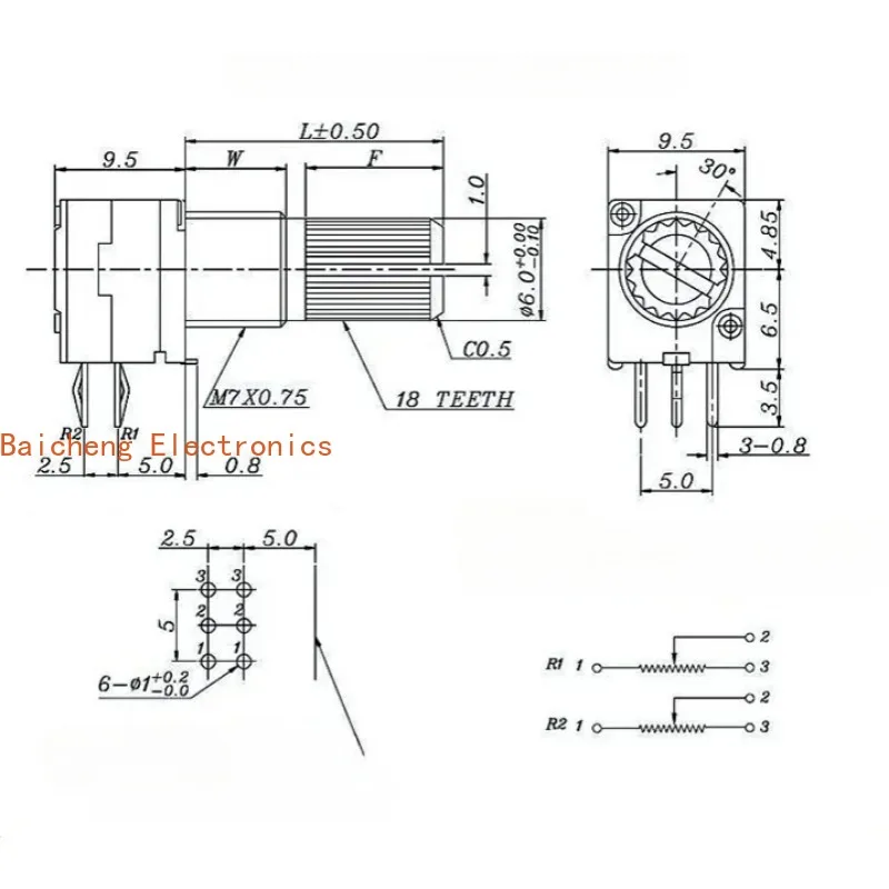 10 шт. RK097NS RK097 потенциометр B10K B5K B100K B1K B50K B20K 500K 15 мм 6-контактный комплект