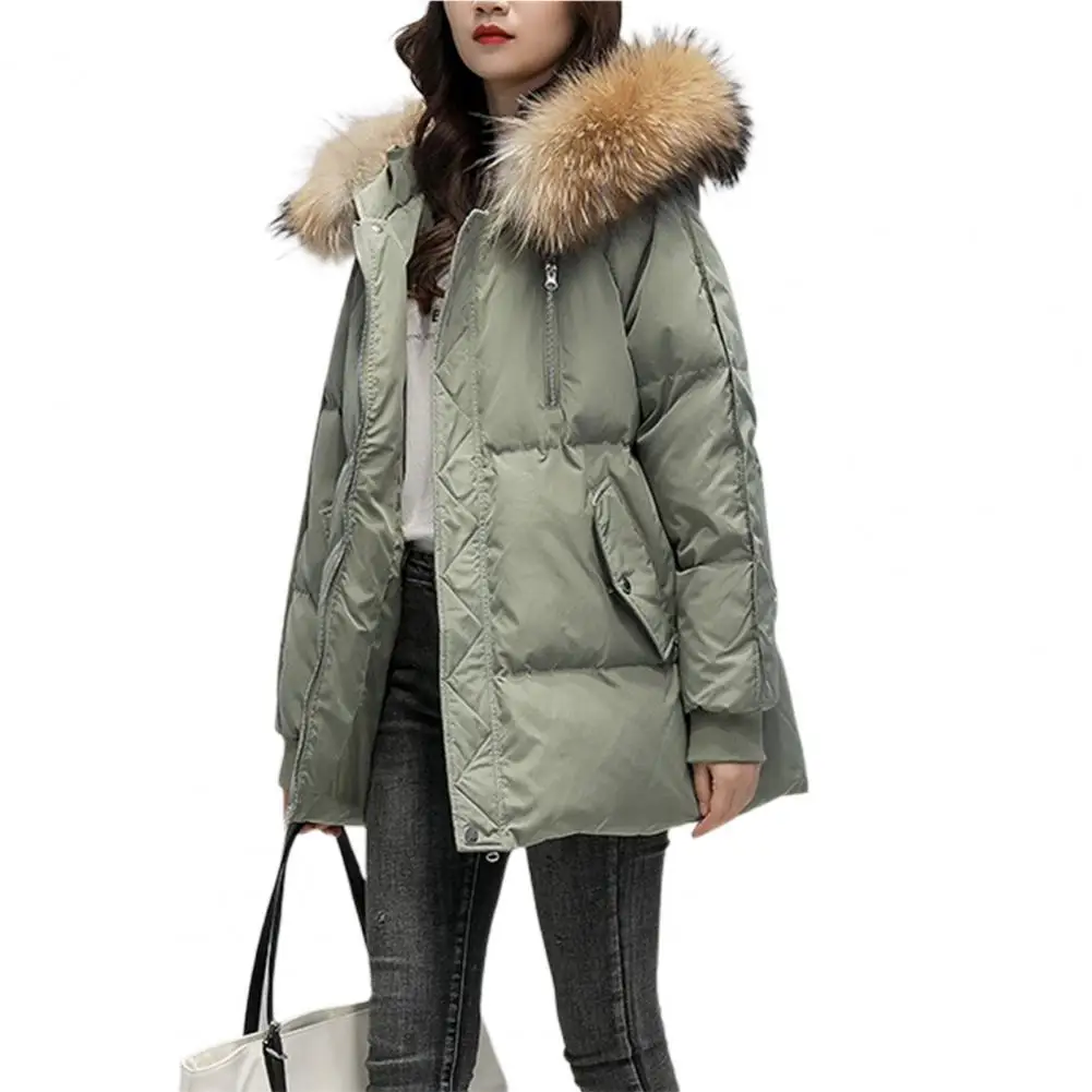 

Thicken Women Parka Coat Stuffed Zipper Faux Fur Hooded Pockets Zipper Quilted Coat Women Winter Overcoat
