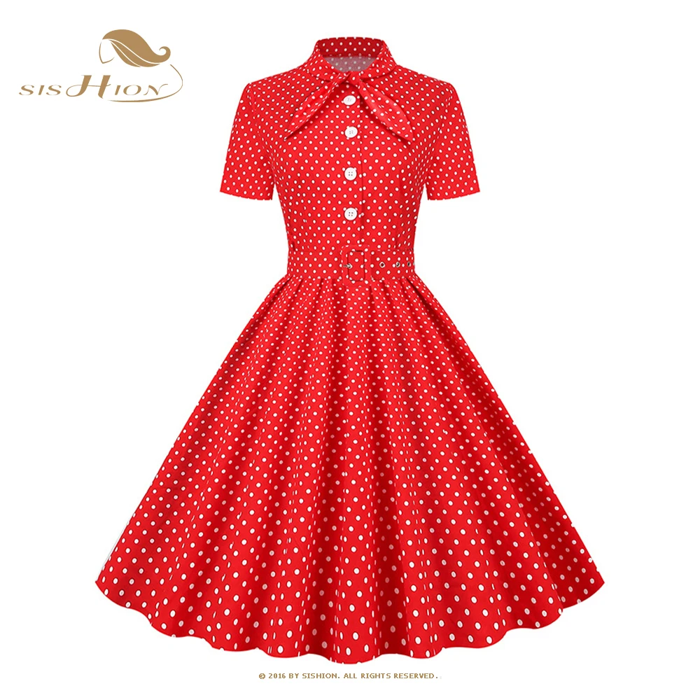 

SISHION Sailor Collar Small Polka Dots Cotton 50s 60s Vintage Dress VD3787 Short Sleeve Blue Black Red Swing Party Dresses