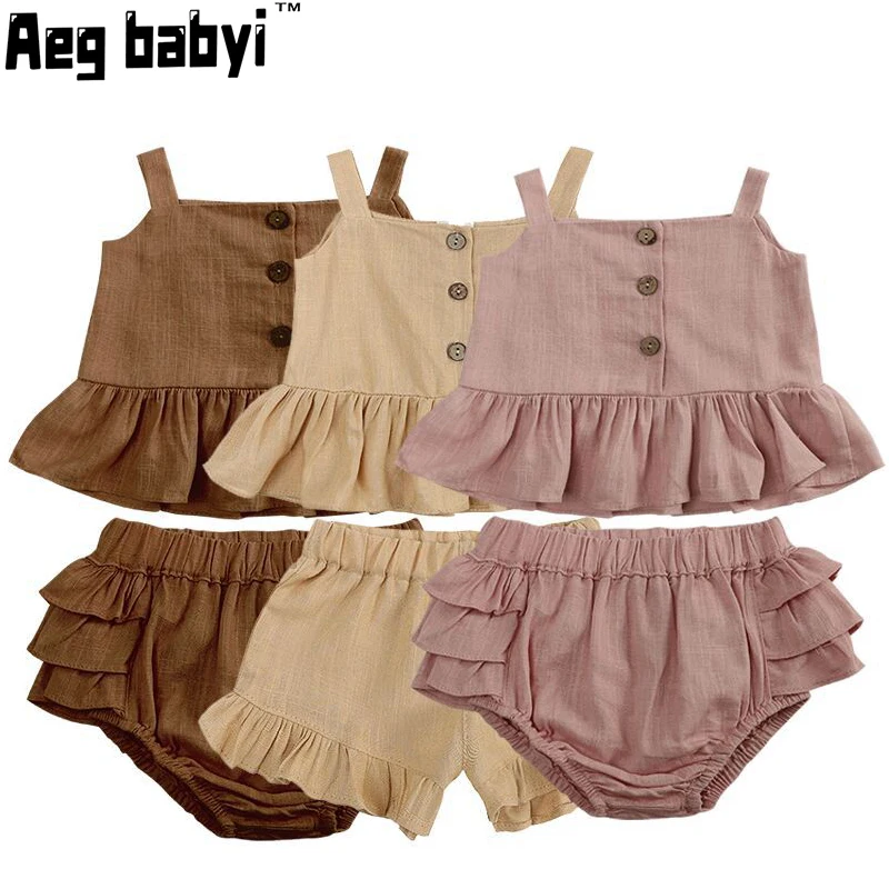 

2Pcs Baby Clothes For Girls Summer Soft Linen Cotton Toddler Boutique Clothing Set Tops Blouse + Bloomer Baby Girl Clothes