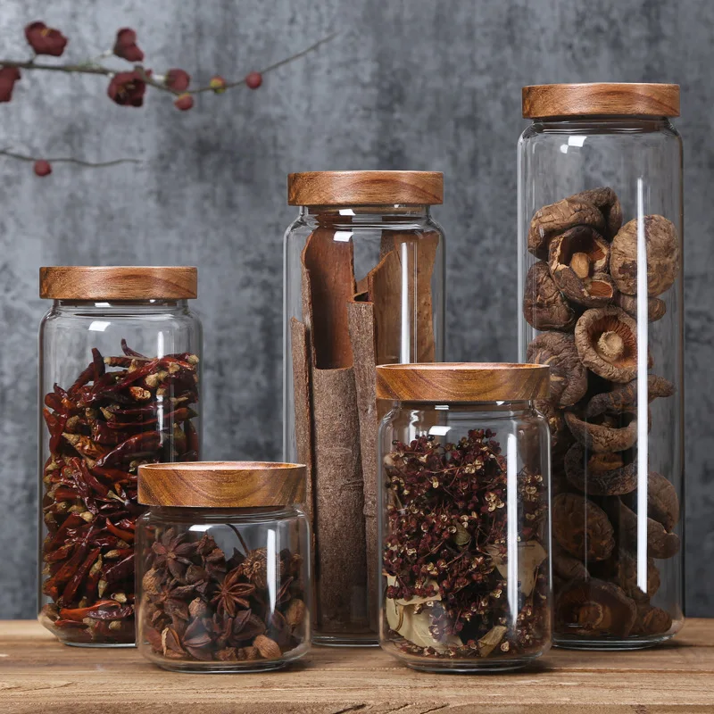 

350/650/950ml/1250ml/1550ml Bamboo Lid Glass Airtight Canister Storage Bottles Jars Grains Tea Leaf Coffee Beans Candy Food Jar