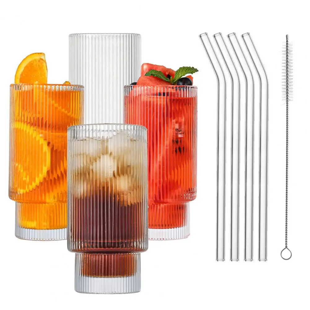 

Convenient Glass Cup Large Capacity Wide Mouth Ice Coffee Beer Ribbed Glass Cup Clear Drinking Glass Bar Accessories