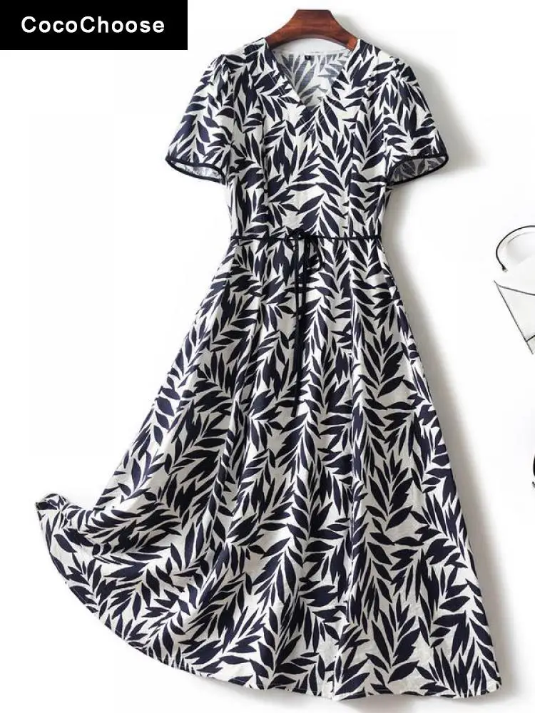 

Elegant Women Summer Dress 2022 Fashion Office Blue Red Leaves Print V-neck Short Sleeve Slim Waist A-line Midi Dresses XXL XXXL