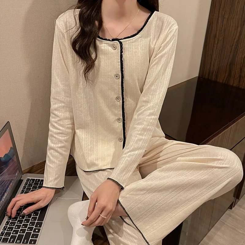 

Pajama Women's Spring New Cute Cardigan Set Korean Pure Cotton Simple Long Sleeve Sweet Home Clothes Lady Sleepwear Nightwear