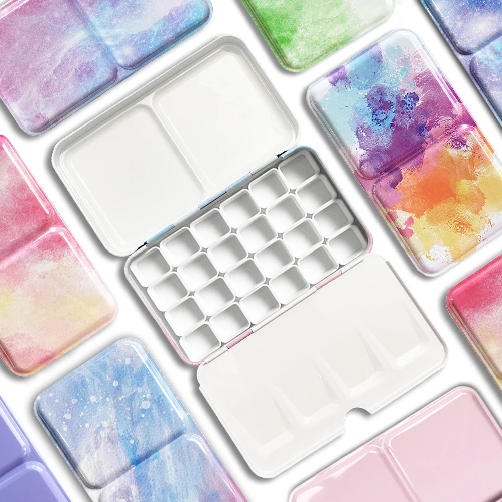 

Cute 24/26/52Pcs Half Pans Watercolor Oil Paints Tins Box Empty Palette Painting Storage Paint Tray Box For Art Painting Supplie