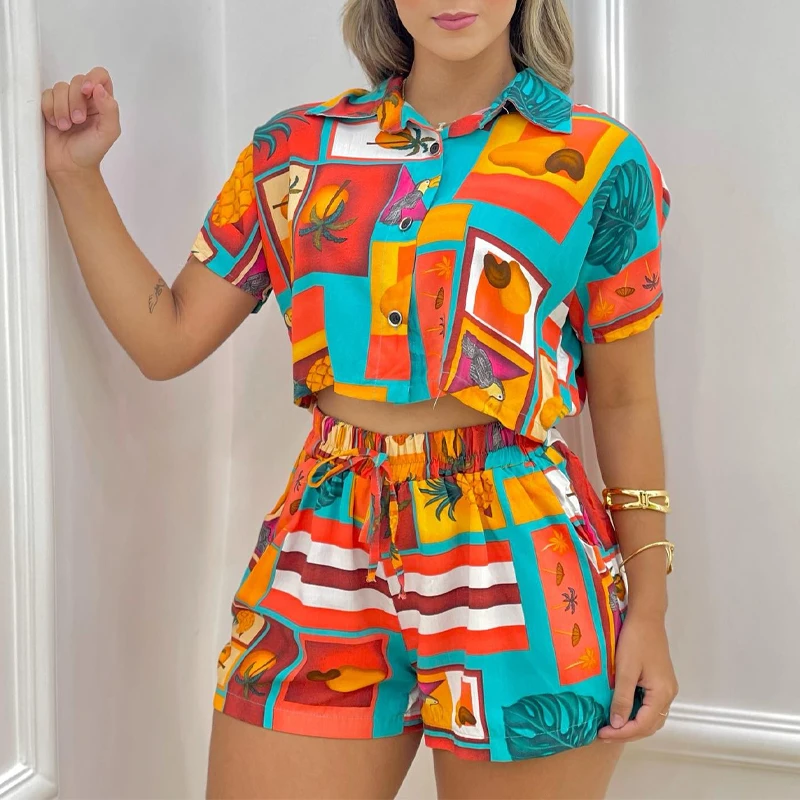 

Women Loose Sets Summer Casual Lapel Short Sleeve T-shirts Elastic Waist Drawstring Straight Shorts Suits