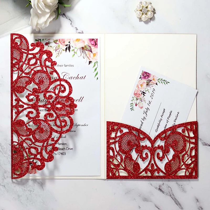 

10pcs Invitation Card Glitter Paper Laser Cut Paper Pocket Cards with RSVP Wedding Greeting Cards Christmas Party Invit Card