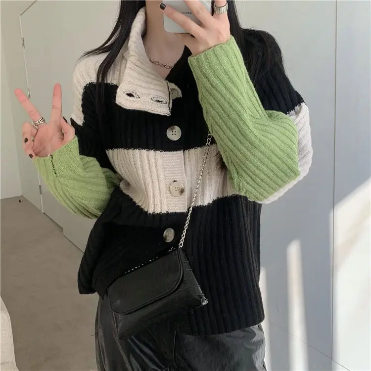 

Женский вязаный свитер с высоким воротником, Свободный кардиган контрастных цветов, Y388, весна-осень 2022