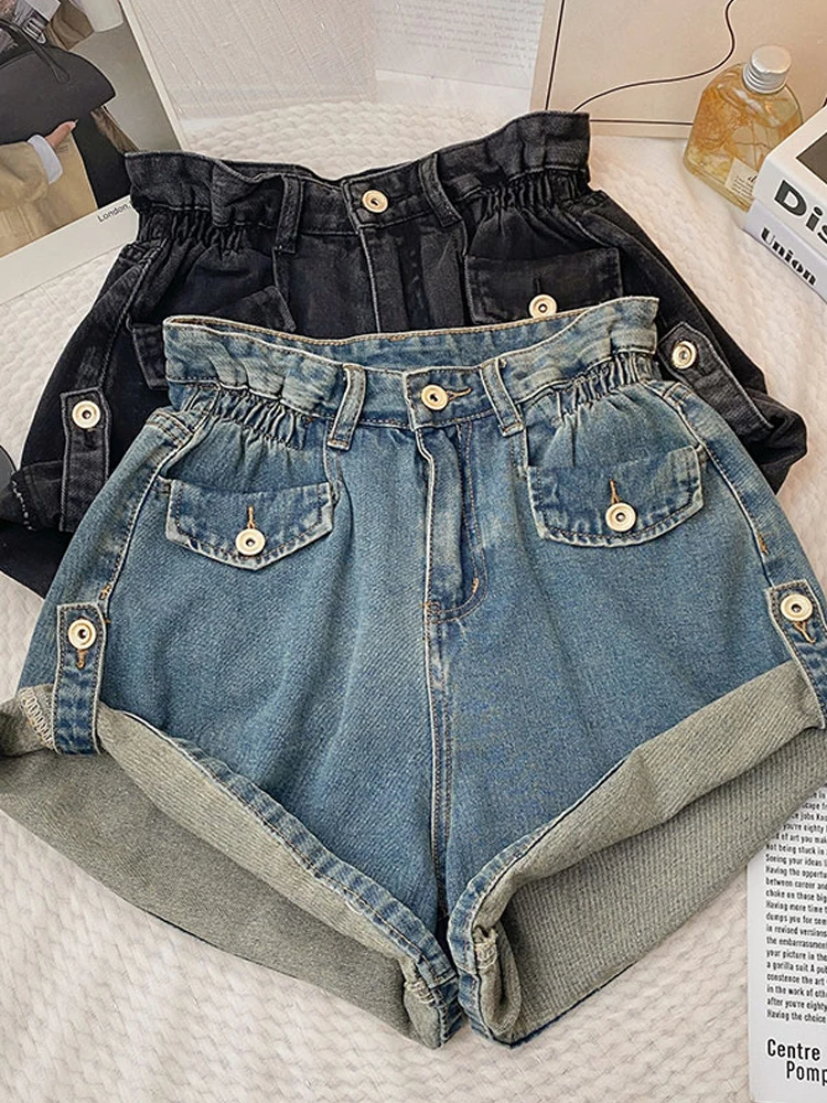 

YuooMuoo Women Shorts 2023 Retro Vintage Crimping Jeans Shorts Casual Loose All Match Blue Black Denim Shorts