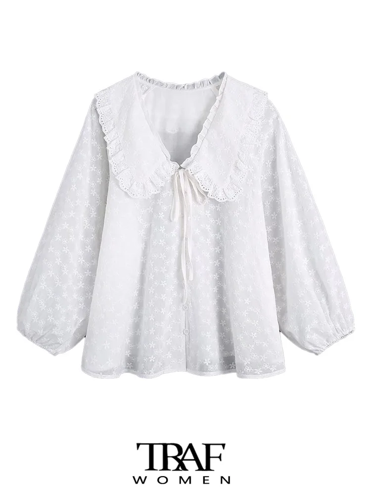 

TRAF Women Fashion With Embroidery Ruffles Loose Blouses Vintage Peter Pan Collar Long Sleeve Female Shirts Blusas Chic Tops