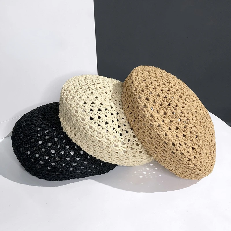 

Summer Hollow Out Berets Cap Women Handmade Crochet Beret Cap Sweet Floral Weave Lady Leisure Vintage Slouchy Painter Hat