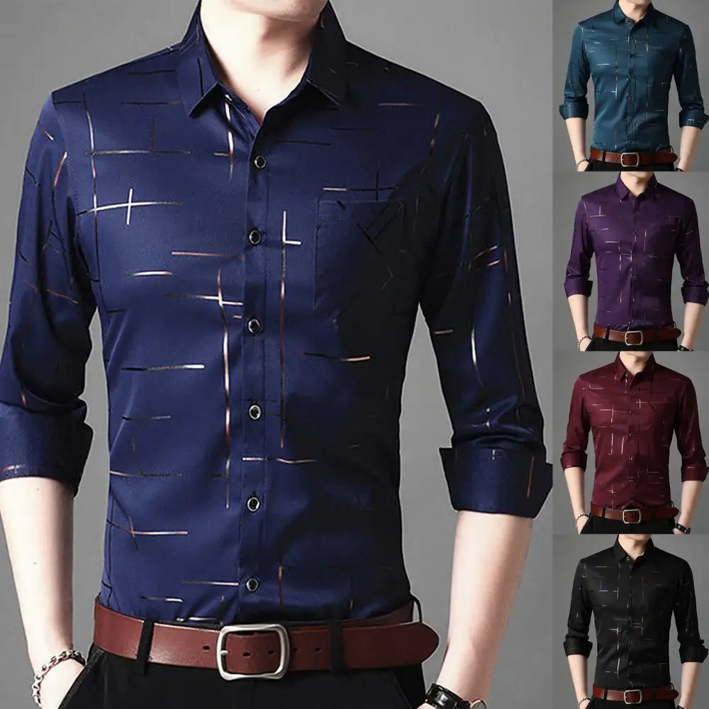 

Men Long Sleeve Turn Down Collar Stripes Single-breasted Business Shirt Top
