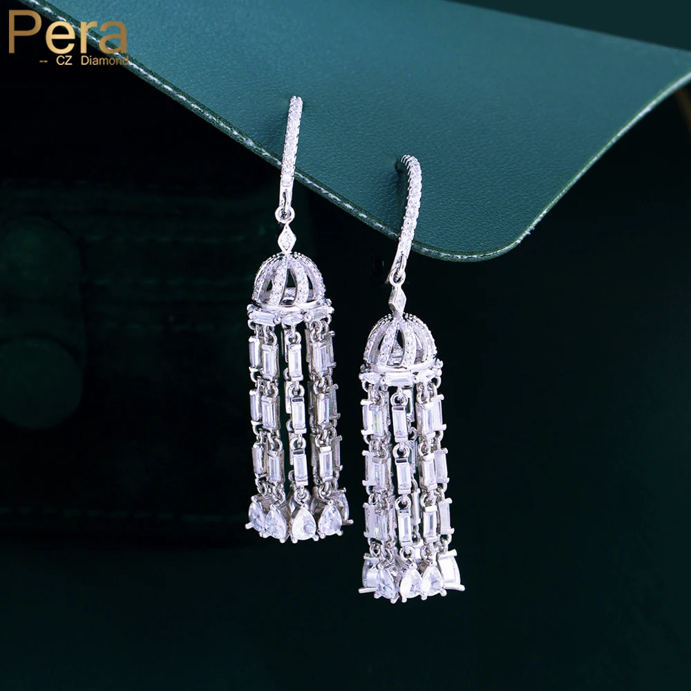

Pera Sparkling White Cubic Zirconia Elegant Long Tassel Chandelier Drop Earring for Women Bridal Wedding Prom Dress Jewelry E155