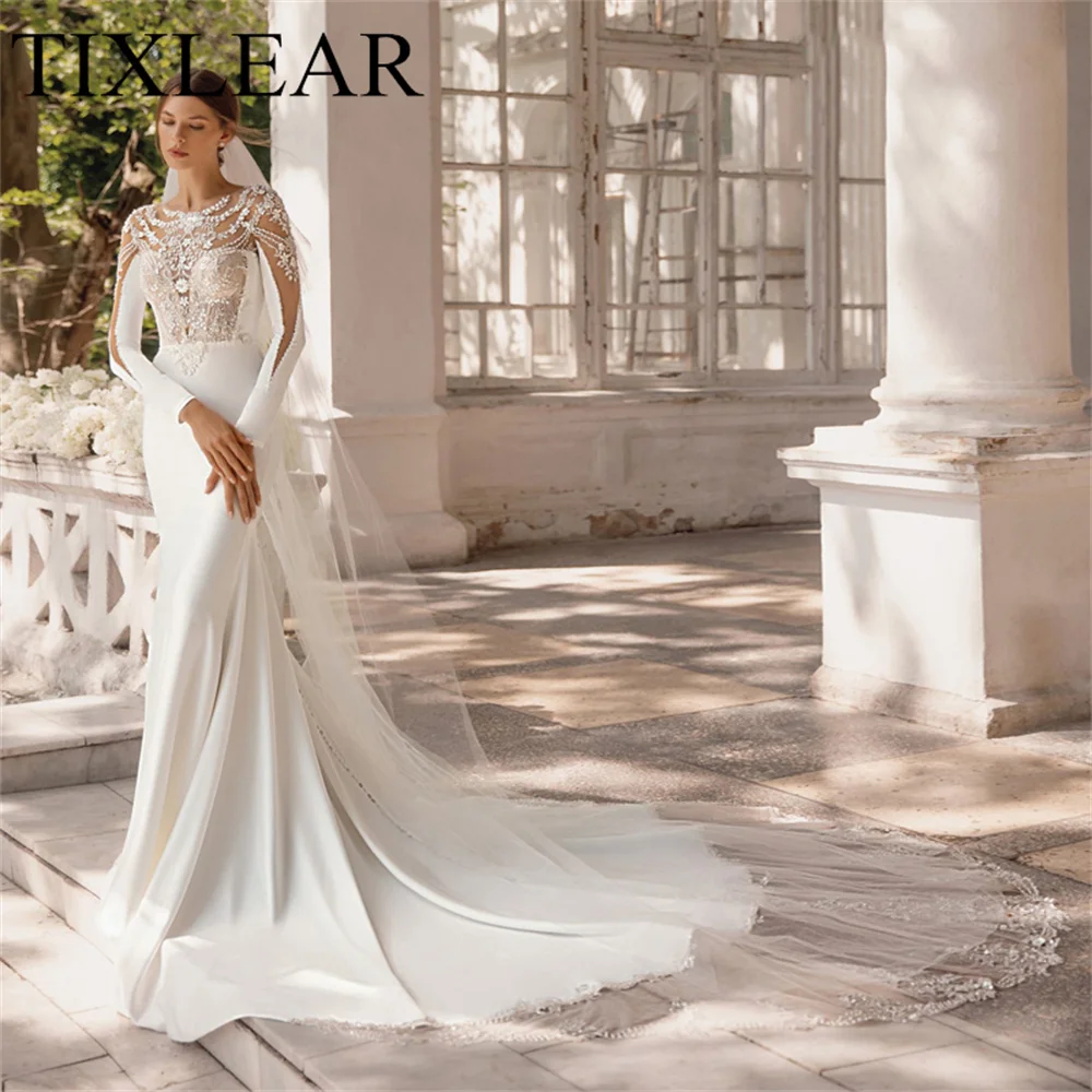 

Doymeny Elegant Meimaid Wedding Dresses O-Neck Satin with Appliques and Crystal Button Long Sleeves Court 2023 Robe De Mariage