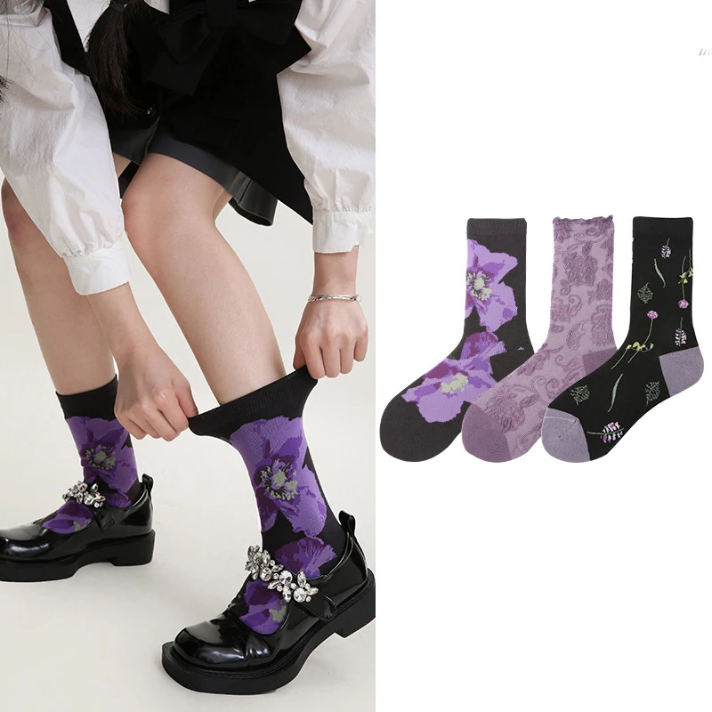 

Purple Blue Series Women Socks Vintage Literature Three Pairs One Pack Designer Kawaii Cool Punk Style