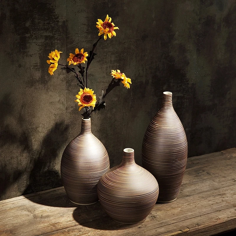 

Thin Mouth Retro Line Ceramic Vase Living Room Countertop Rough Pottery Modern Minimalist Vase Home Decoration Ornaments
