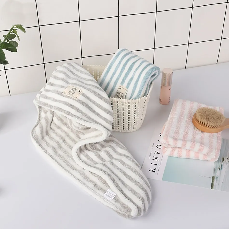 

65x25cm Microfiber Hair Towel Wrap for Women Stripe Towels Adult Towels Bathroom Absorbent Towel Quick Dry Towel for Head