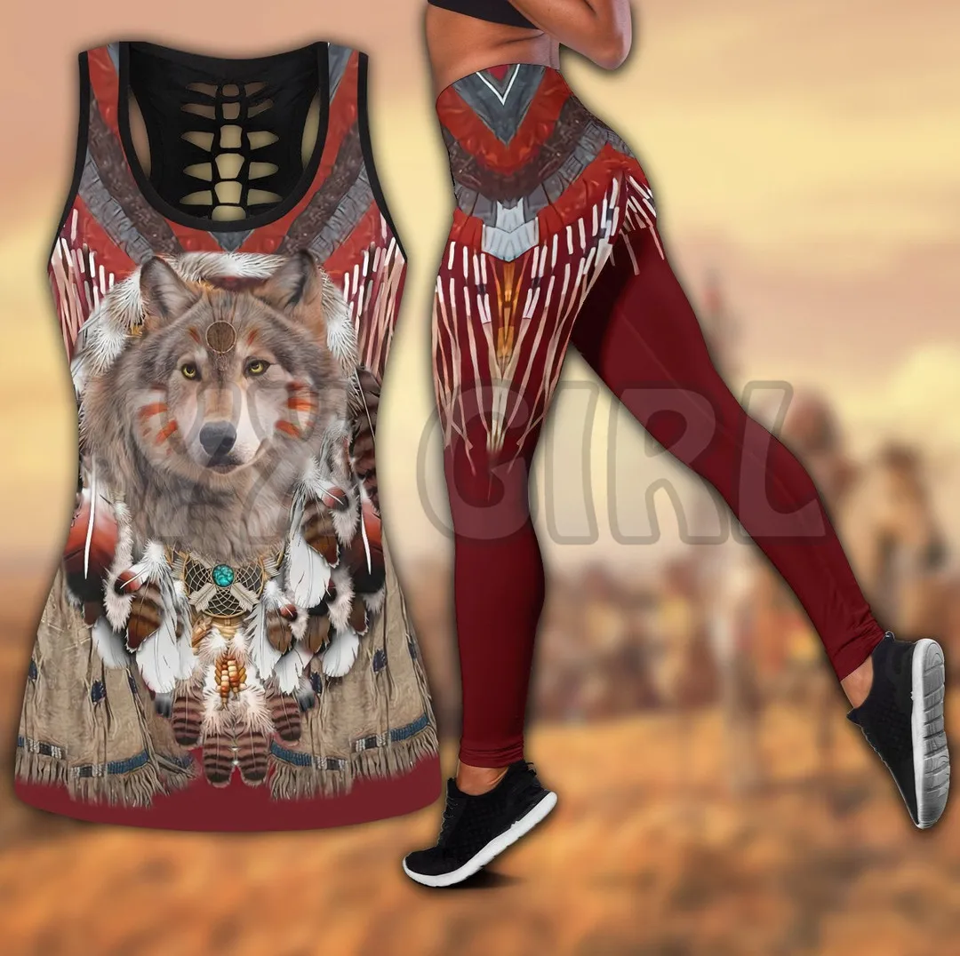 Native Wolf White&Red Pattern 3D Printed Tank Top+Legging Combo Outfit Yoga Fitness Legging Women