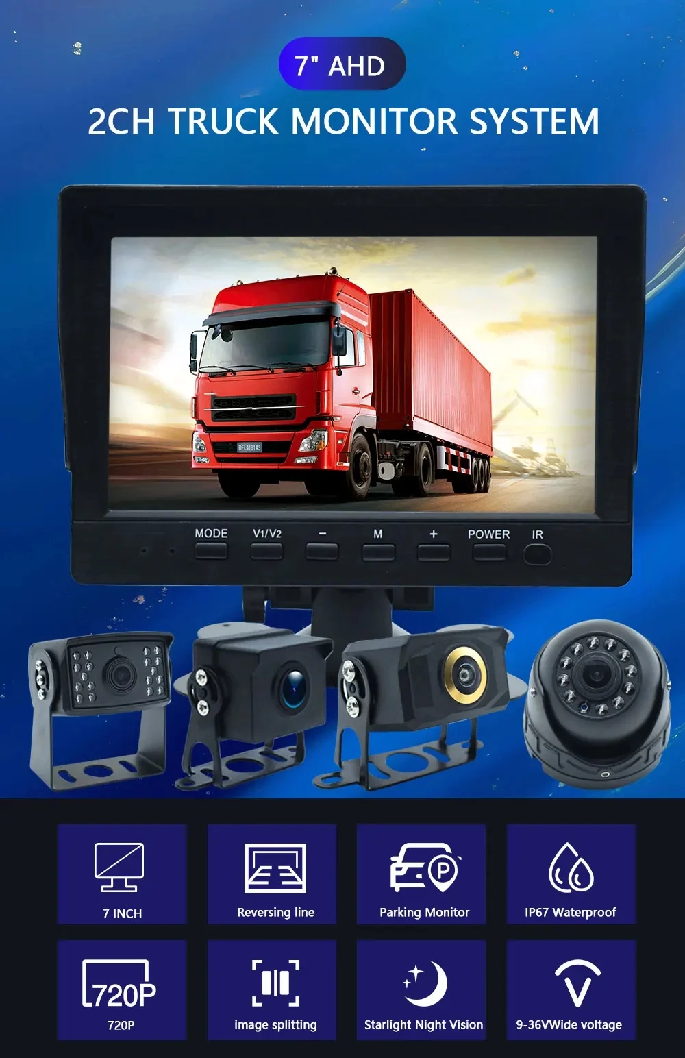 2-канальный автомобильный грузовик автобус AHD DVR монитор 1920*1080P 7-дюймовый IPS-экран