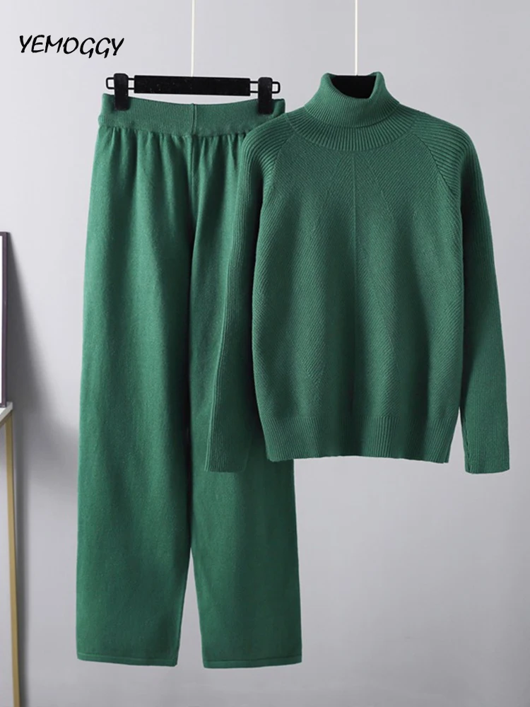 

Женский комплект из двух предметов, трикотажный свитер с высоким воротником и теплые мягкие брюки на шнуровке, повседневный пуловер, Осень-зима 2022