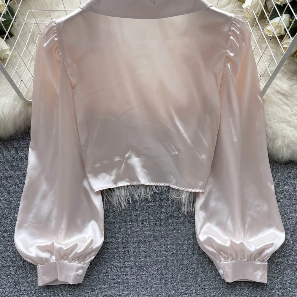 Женская атласная рубашка с длинным рукавом элегантный укороченный топ