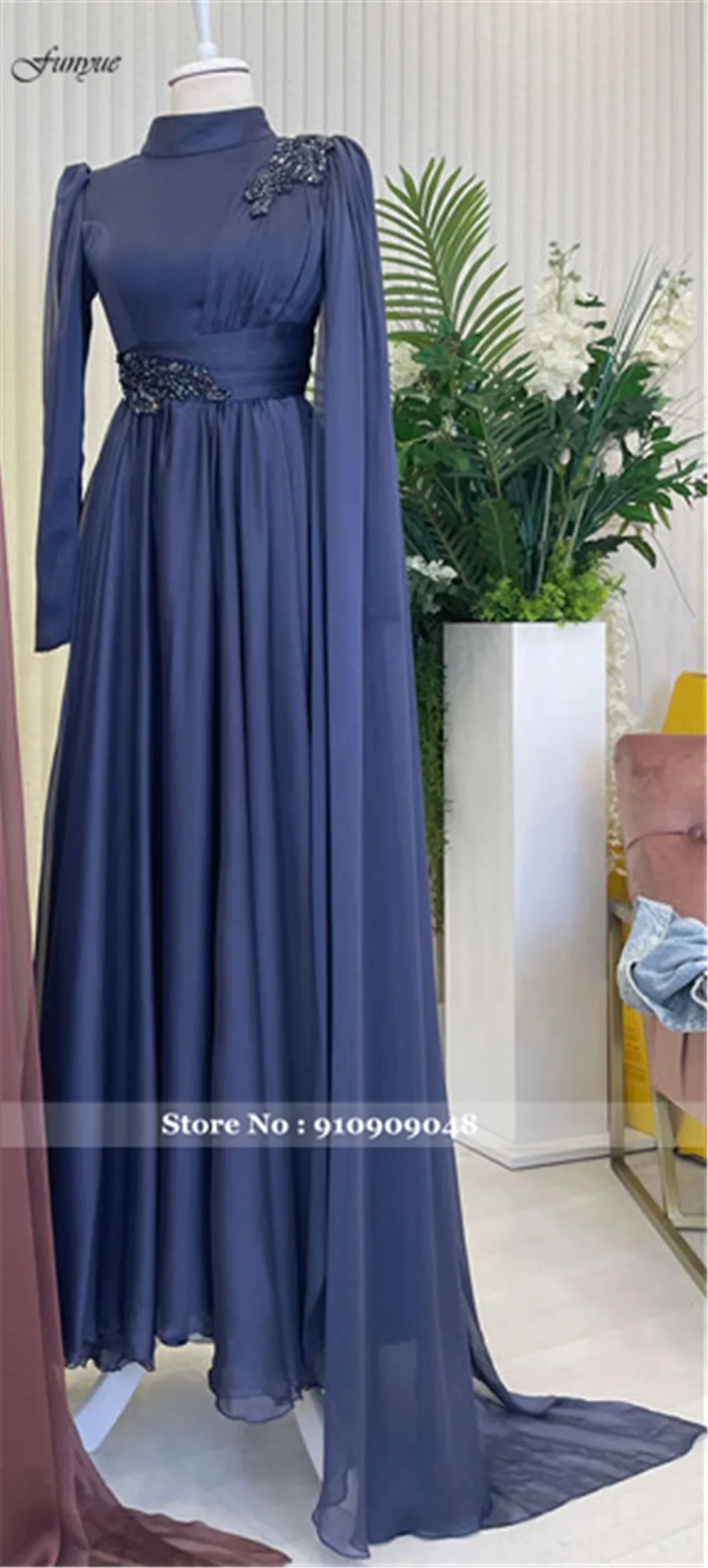 Фото Funyue A-Line Chiffon Blue Prom Gown Vestidos De Noite Beaded Long Sleeves Formal Dress Arabic Dubai Arabic Evening Dresses №3