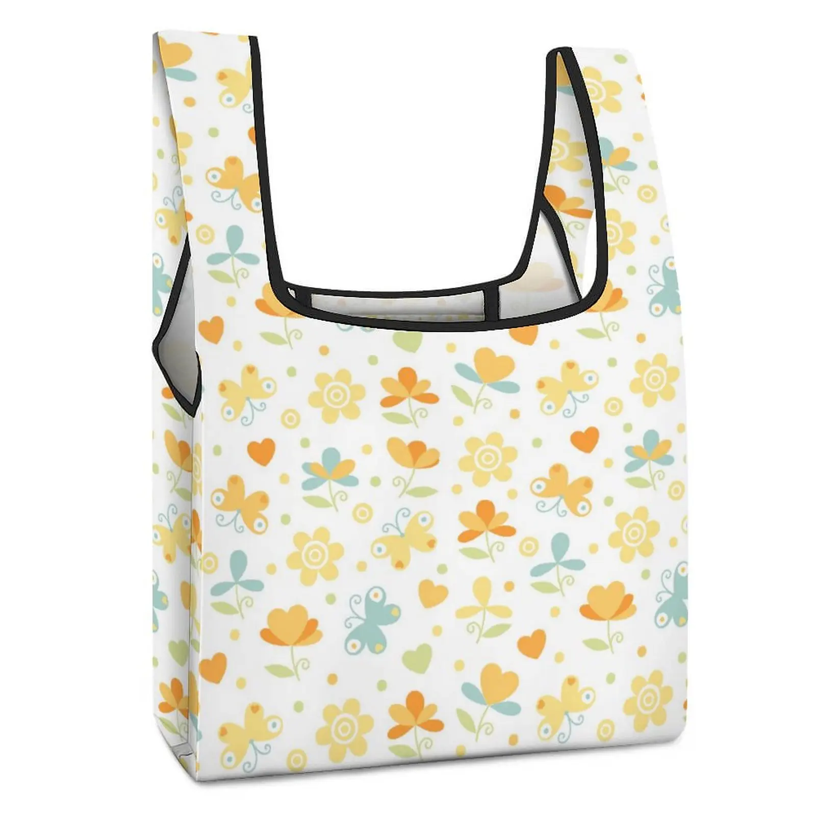 Custom Print Collapsible Shopping Bag Double Strap Handbag Cute Butterfly Flower Print Tote Casual Grocery Bag Custom Pattern