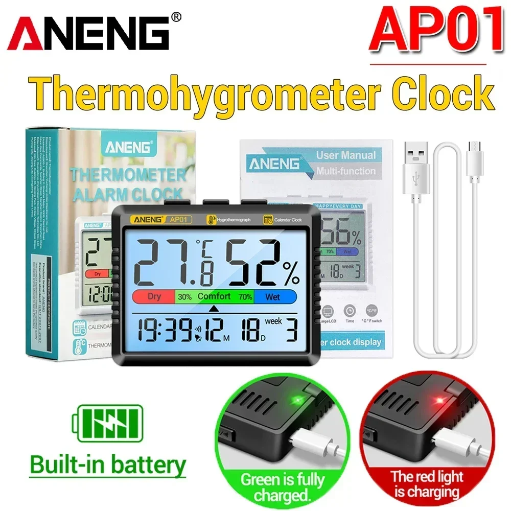 

ANENG AP01 цифровой термогигрометр, часы, экран высокой четкости, перезаряжаемый воздушный термометр, гигрометр, измерение мультиступента