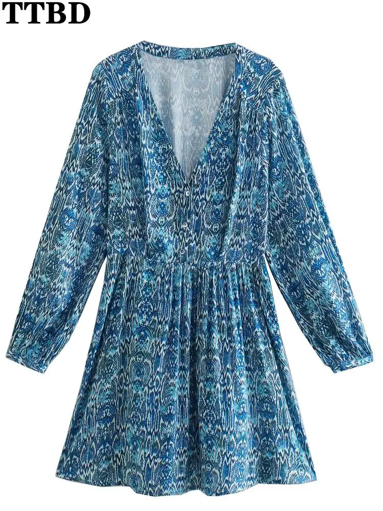 

TTBD fall clothes for women fashion animal print mini dress vintage v neck long puff sleeve female dresses vestidos mujer