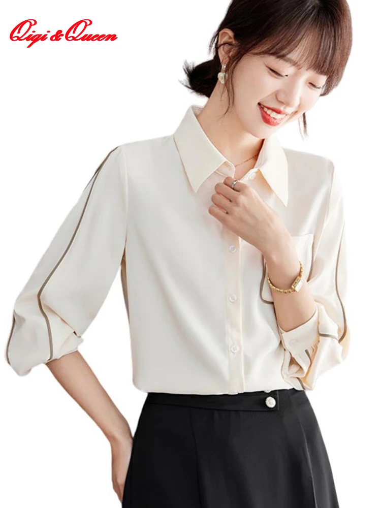 

Qiqi&queen 2023 Autumn Elegant Long Sleeve Blusas Office Vintage Tops Chiffon Blouse Women's Simple Basic Loose Casual Shirts