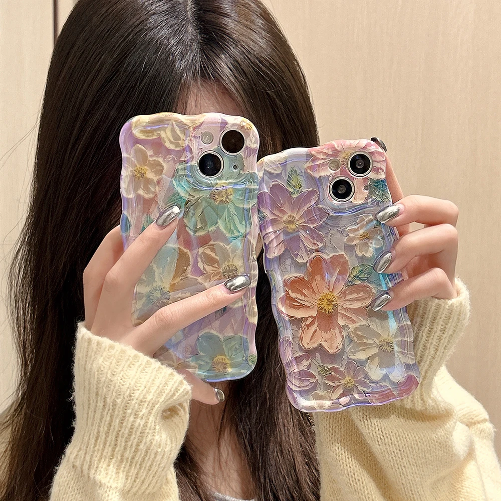 

Colorful Cute Flowers Phone Case For iPhone 11 12 13 14 Pro Max Plus Silicone Oil Painting Laser Lens Protection Silicone Cover