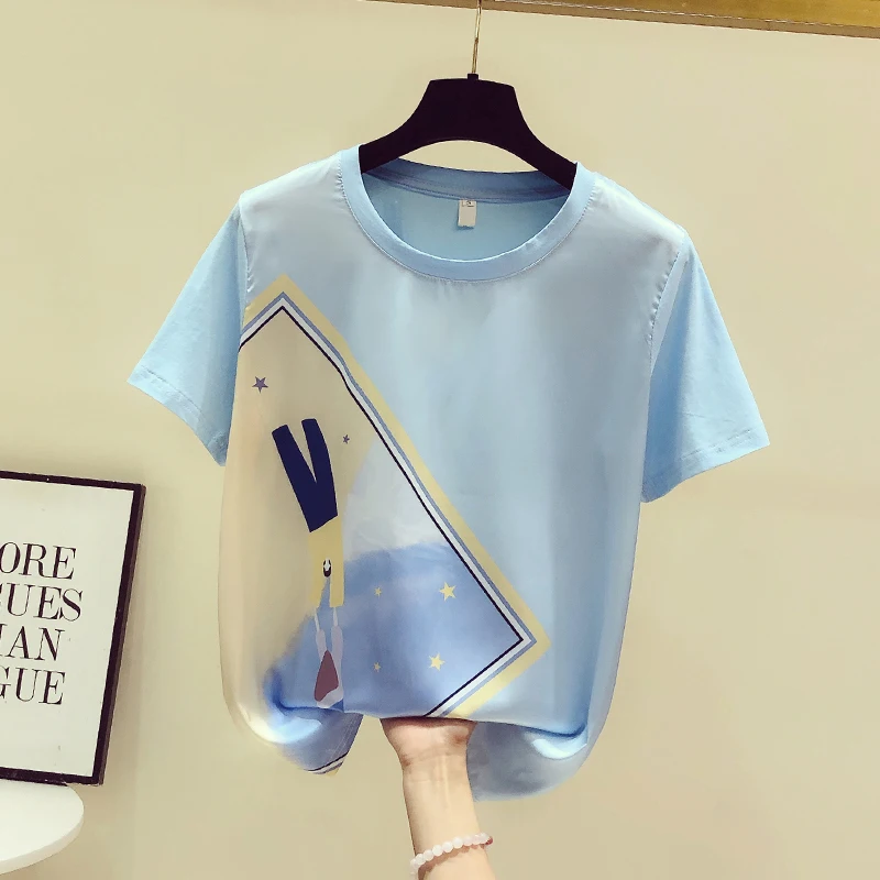 

Cartoon Doodle Print Short Sleeve T Shirt Women Loose O-Neck Tee Shirt Femme Blue t shirt 2022 Summer Tops