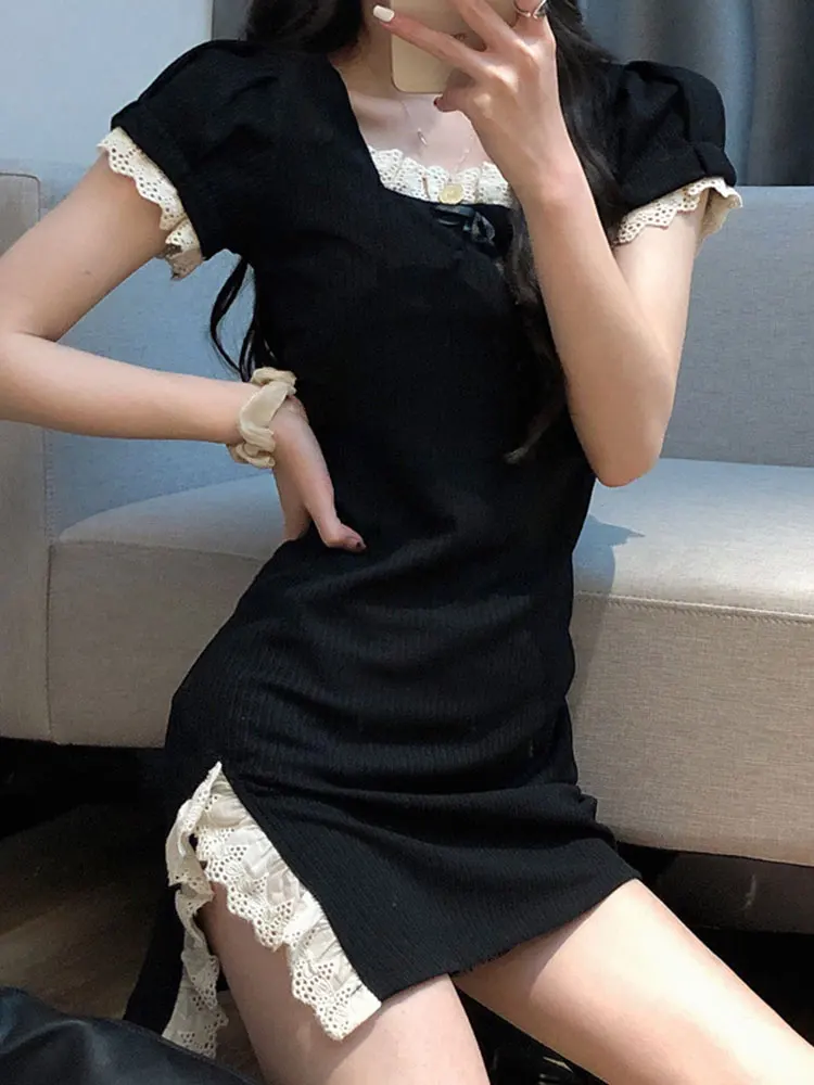 

Облегающие платья, женское кружевное Летнее мини-платье с разрезом, женская одежда, элегантное вечернее платье с бантом, женское французско...