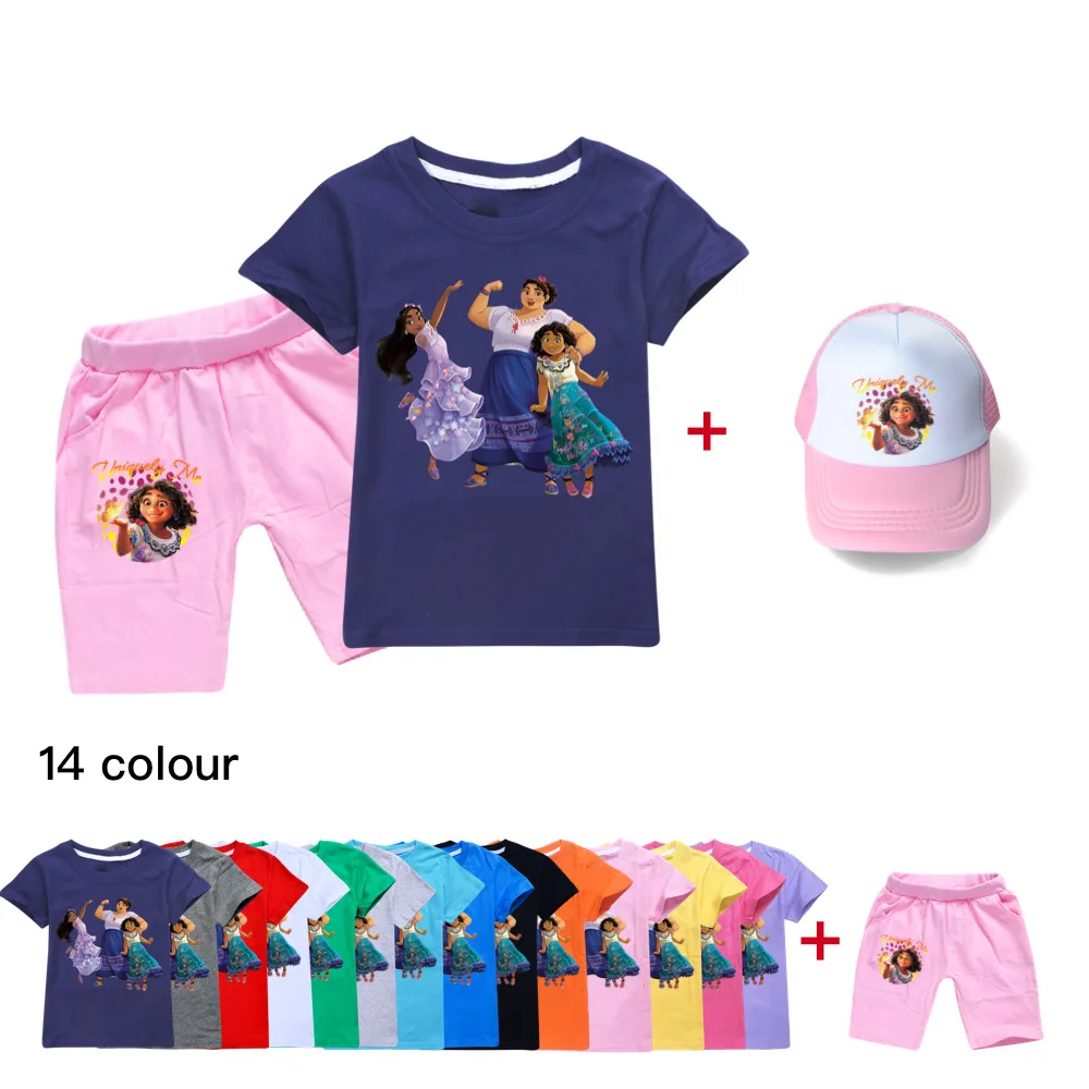 

2022 Boys Clothes T-Shirt Summer Disney Encanto Cartoon Suit Toddler Girl Top + Pants + Hat 3 Piece Sports Suit