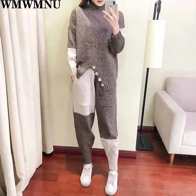Women Fashion Half Turtleneck Sweater Suit Asymmetrical Knit Tops+Spliced Colour Harem Pants Knitted Two-Piece Clothing Tide