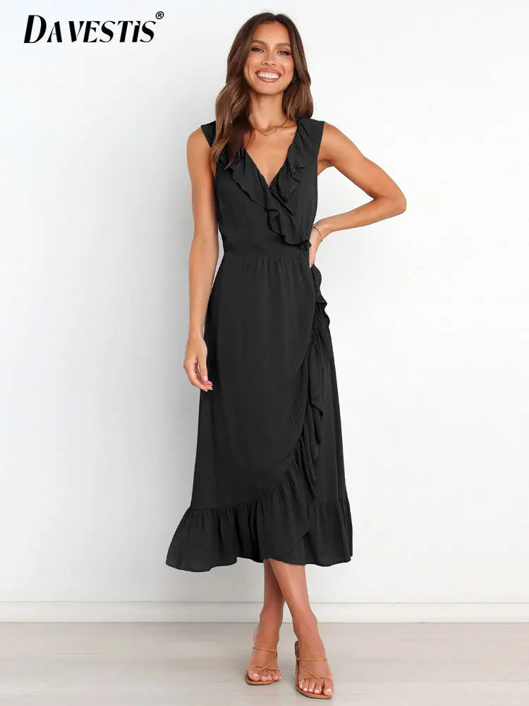 

Chic and Elegant Woman for Dress 2023 Summer Casual Ruffled V-neck Long Dresses Women's Fashion Solid Color Sleeveless Dress