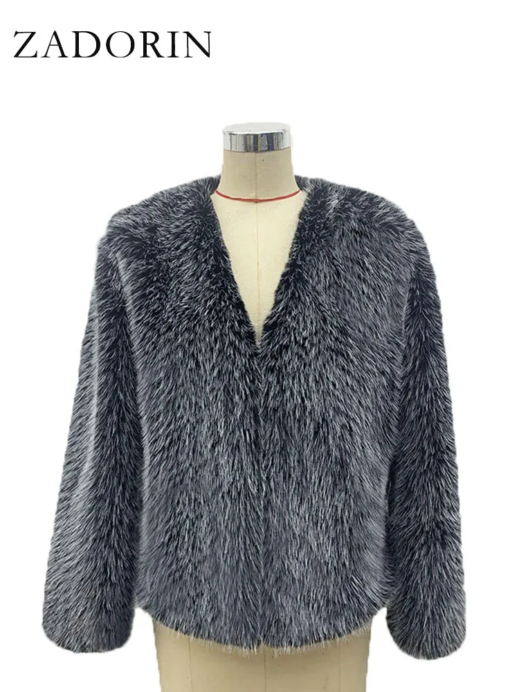 

ZADORIN Fashion Winter Coat Women V Neck Long Sleeve Furry Faux Fox Fur Coats Black Casual Fur Jacket Female Overcoat Streetwear